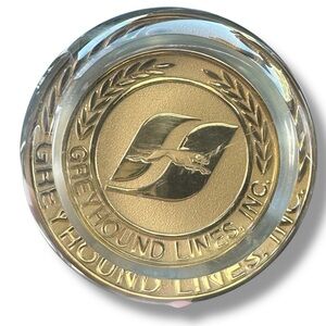 Vintage Greyhound Lines Inc Glass Dome Paperweight Gold Medallion Rare Corporate